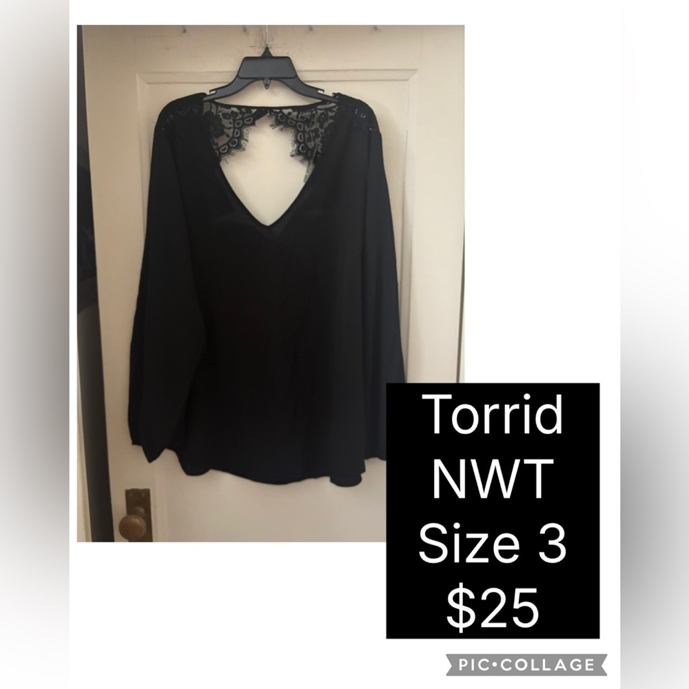 Torrid Black Long Sleeve Crepe Drape Back with Lace